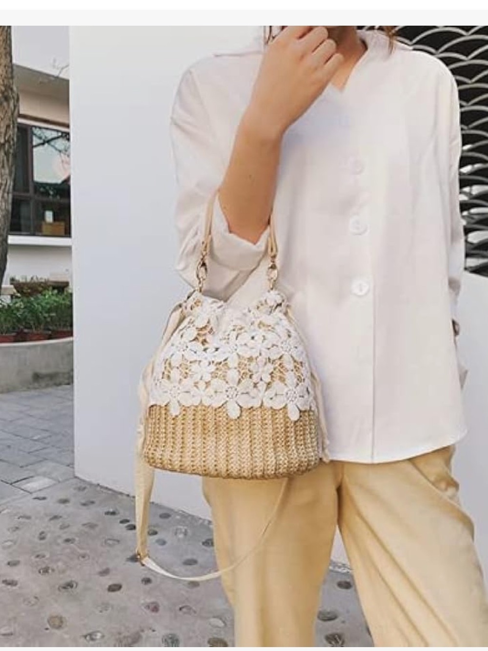 Bamboo Handbag, Beach Purse Bag Half Moon Bag, Straw Lace - Picture 3 of 6